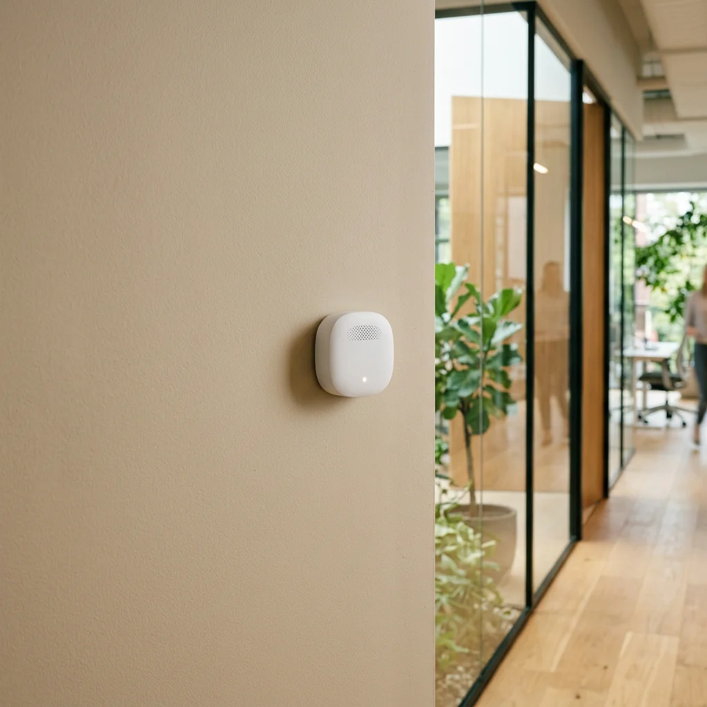 A small wireless sensor mounted on the wall of a bright modern office