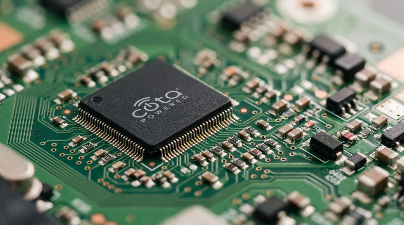 Close-up of a chipset on a green circuit board, marked with the Cota® Powered logo