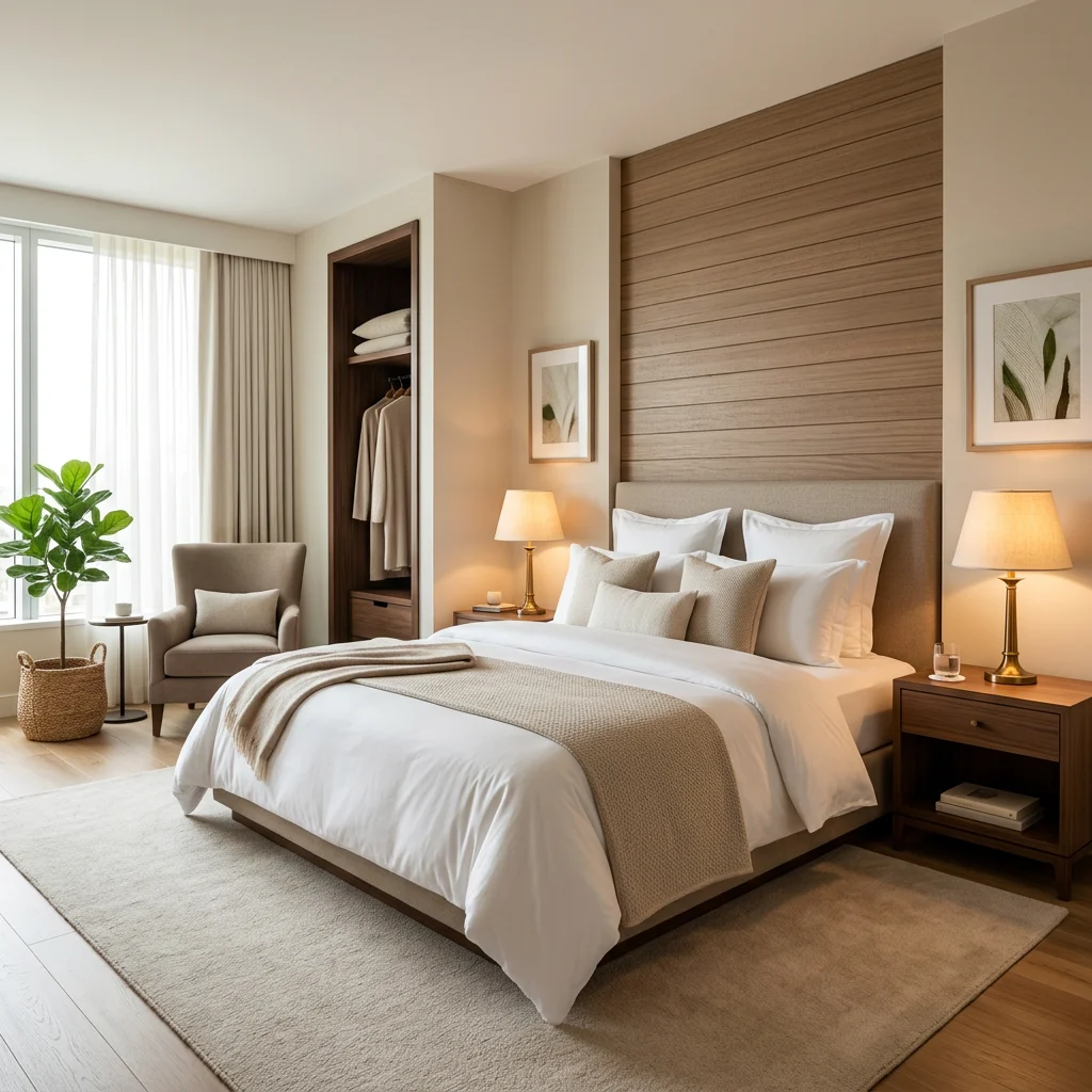 A calm, warmly lit hotel guest room