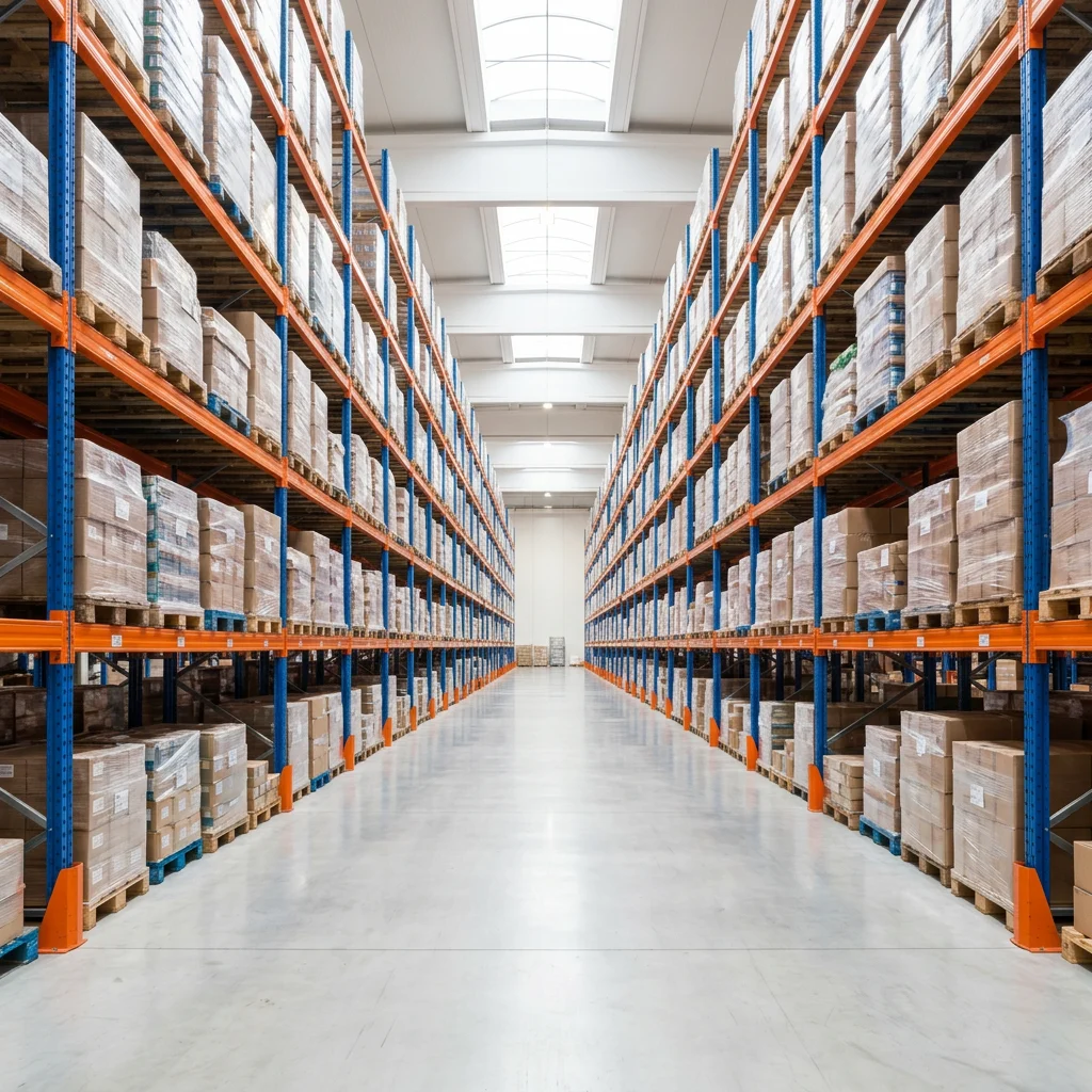 A long aisle of high pallet racking in a modern warehouse