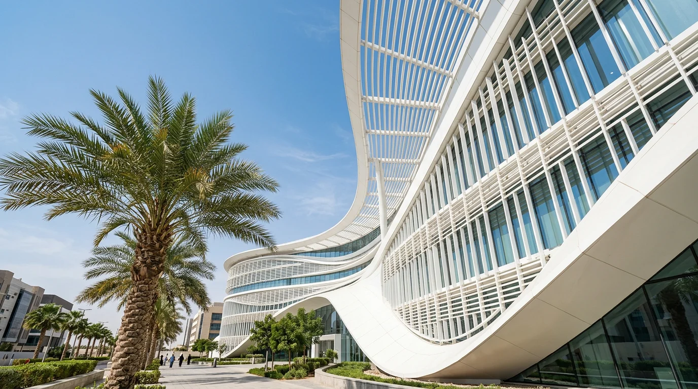 A date palm in front of a sweeping white contemporary building facade