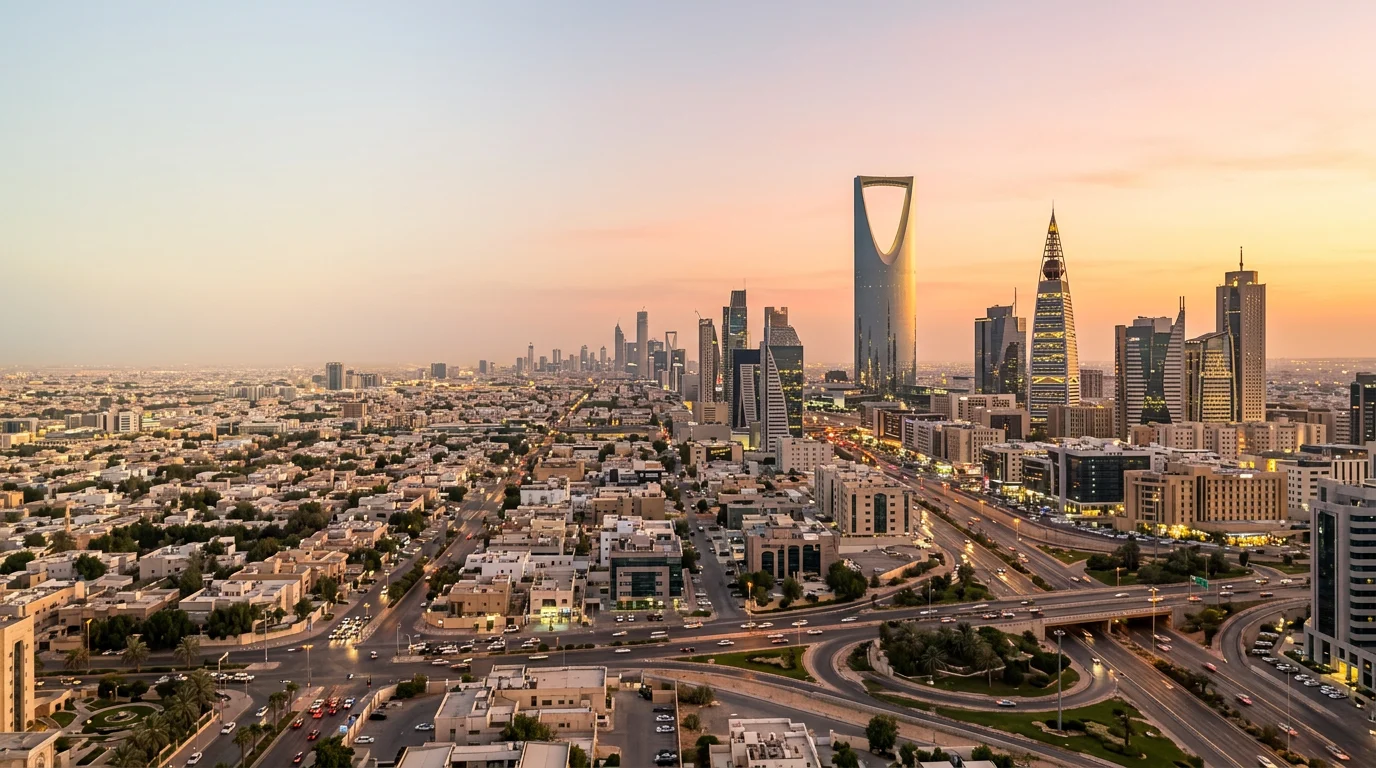 Aerial view of Riyadh at dusk with Kingdom Centre on the horizon