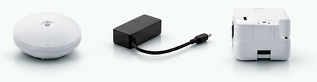 Retrofit hardware: a round sensor unit, a compact power adapter with cable and a modular add-on unit